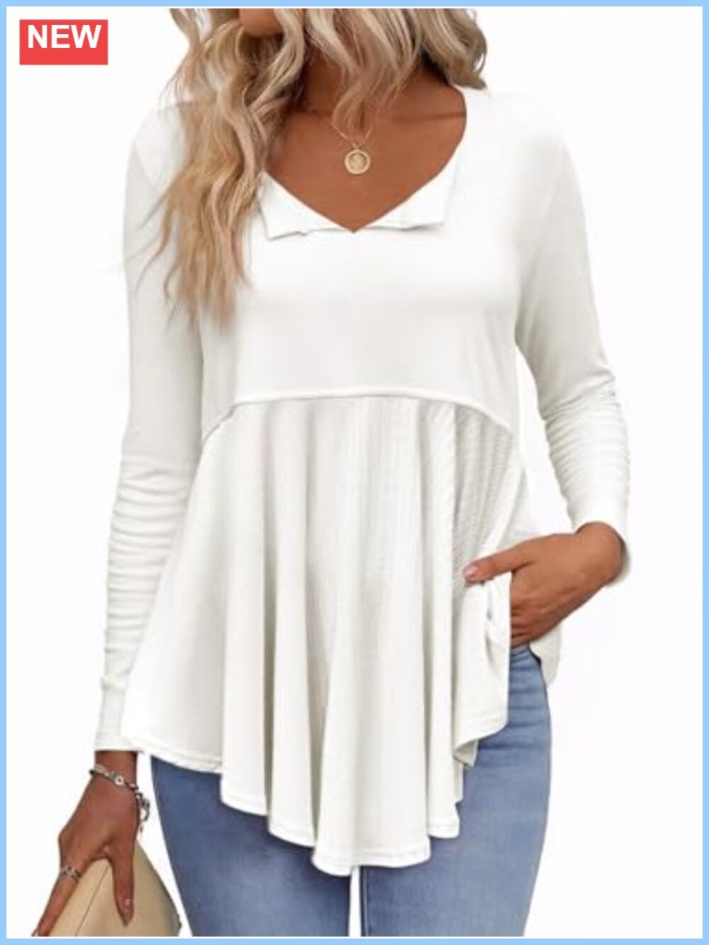 Womens Babydoll Tunic Top V Neck Long Sleeve Peplum Blouse Loose Fit